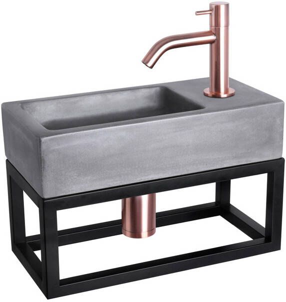 Differnz Ravo fonteinset 38.5x18.5x25cm Rechthoek 1 kraangat Gebogen rose koperen kraan met zwart frame beton donkergrijs 38.402.11