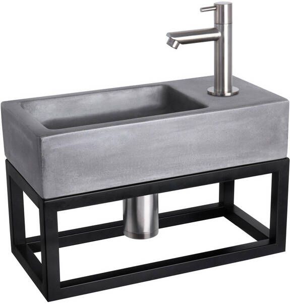 Differnz Ravo fonteinset 38.5x18.5x25cm Rechthoek 1 kraangat Recht matte chromen kraan met zwart frame beton donkergrijs 38.402.07