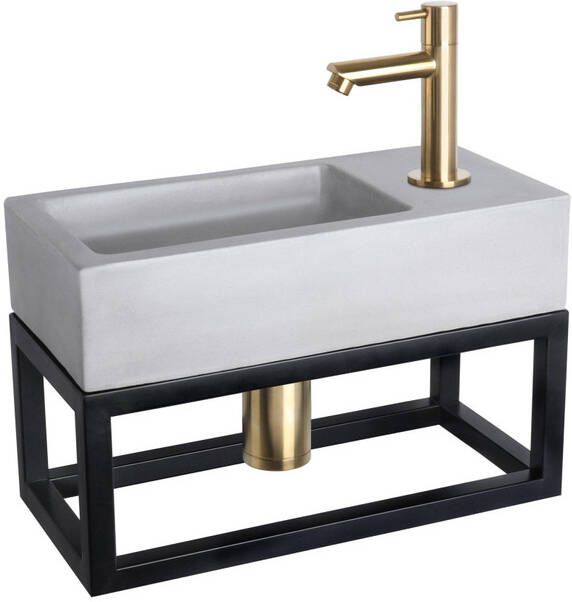 Differnz Ravo fonteinset 38.5x18.5x25cm Rechthoek 1 kraangat Recht matte goude kraan met zwart frame beton lichtgrijs 38.402.03
