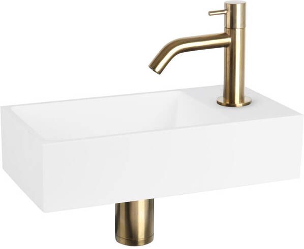 Differnz Solid fonteinset 36x18.5x9cm Rechthoek 1 kraangat Gebogen matte gouden kraan Solid surface Wit 38.402.38