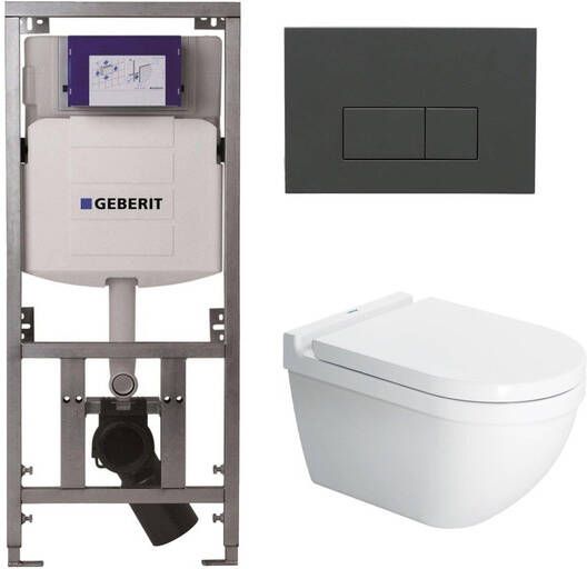 Duravit Starck 3 Toiletset Geberit inbouwreservoir toiletzitting Saniclass softclose zitting QeramiQ bedieningsplaat met bedieningsplaat antraciet mat rechthoekige knoppen wit SW729015 0701131 ga69956 SW1102377