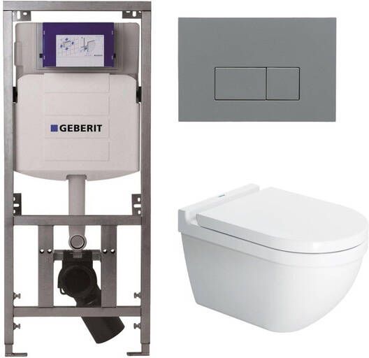 Duravit Starck 3 Toiletset Geberit inbouwreservoir toiletzitting Saniclass softclose zitting QeramiQ bedieningsplaat met bedieningsplaat licht grijs rechthoekige knoppen wit SW729015 0701131 ga69956 SW1102375