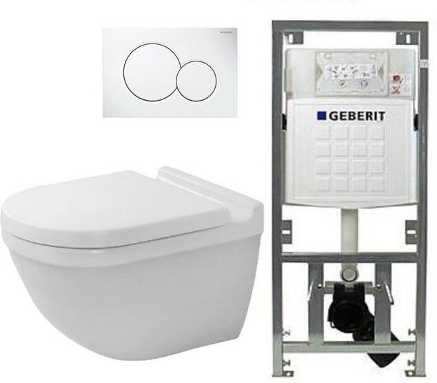 Duravit Starck 3 toiletset met Geberit inbouwreservoir toiletzitting met Saniclass softclose zitting en sigma01 bedieningsplaat wit SW729015 0701131 0700518 ga69956