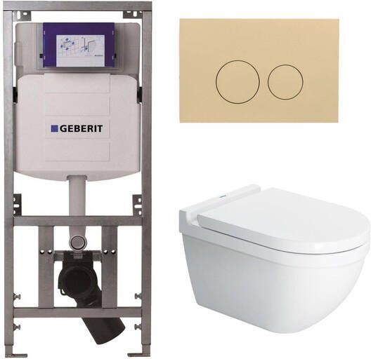 Duravit Starck 3 toiletset met Geberit inbouwreservoir toiletzitting met Saniclass softclose zitting en QeramiQ bedieningsplaat beige met ronde knoppen wit SW729015 0701131 ga69956 SW1102365