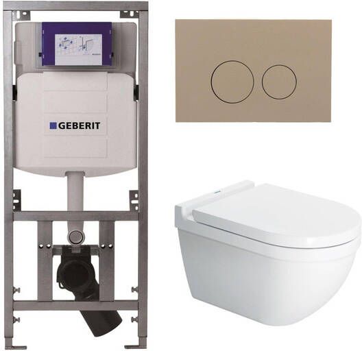 Duravit Starck 3 toiletset met Geberit inbouwreservoir toiletzitting met Saniclass softclose zitting en QeramiQ bedieningsplaat taupe met ronde knoppen wit SW729015 0701131 ga69956 SW1102378