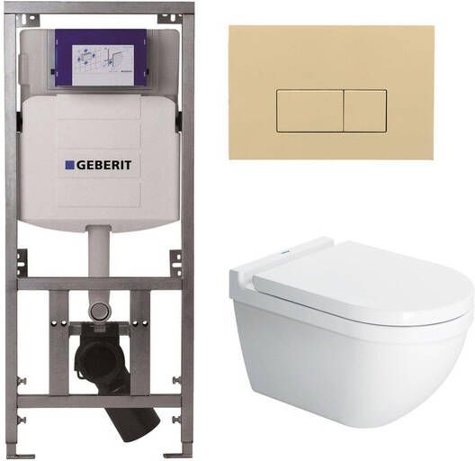 Duravit Starck 3 toiletset met Geberit inbouwreservoir toiletzitting met Saniclass softclose zitting en QeramiQ bedieningsplaat beige met rechthoekige knoppen wit SW729015 0701131 ga69956 SW1102366