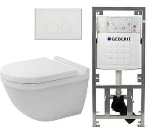 Duravit Starck 3 toiletset met Geberit inbouwreservoir toiletzitting met Saniclass softclose zitting en sigma01 bedieningsplaat wit SW729015 0701131 0700518 ga69956