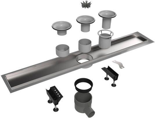 Easy Drain Multi inbouwdeel RVS zonder rooster met RVS flens waterslot 30 35 50mm 70cm inbouw diepte vanaf 79mm met zijuitloop edmipr700