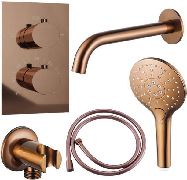 Fortifura Calvi Badkraan set uitloop 22cm inkortbaar gladde slang ronde handdouche inbouwdeel wandhouder geborsteld koper PVD SW706209 SW970045 SW970047 SW1122515 SW1159496