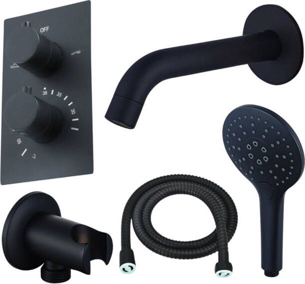 Fortifura Calvi Badkraan set uitloop 22cm inkortbaar metalen slang ronde handdouche inbouwdeel wandhouder mat zwart SW542644 SW706203 SW721167 SW1122511 SW496816