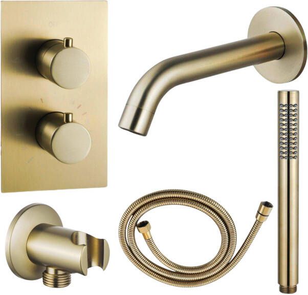 Fortifura Calvi Badkraan set uitloop 22cm inkortbaar metalen slang staafhanddouche inbouwdeel wandhouder geborsteld messing SW720569 SW706206 SW721169 SW1122513 SW720570