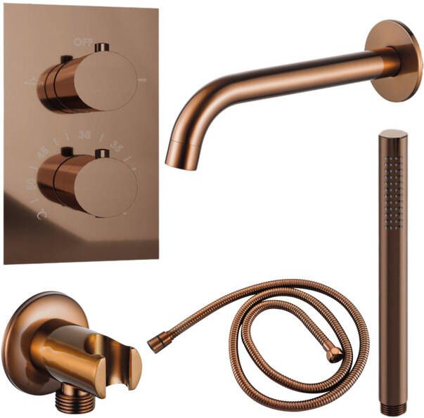 Fortifura Calvi Badkraan set uitloop 22cm inkortbaar metalen slang staafhanddouche inbouwdeel wandhouder geborsteld koper PVD SW970045 SW970048 SW970038 SW1122515 SW970046