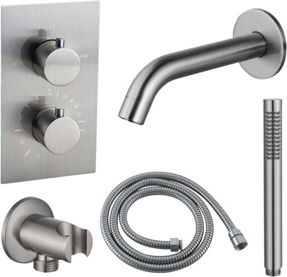 Fortifura Calvi Badkraan set uitloop 22cm inkortbaar metalen slang staafhanddouche inbouwdeel wandhouder geborsteld RVS PVD SW542645 SW706208 SW1159493 SW1122512 SW496812