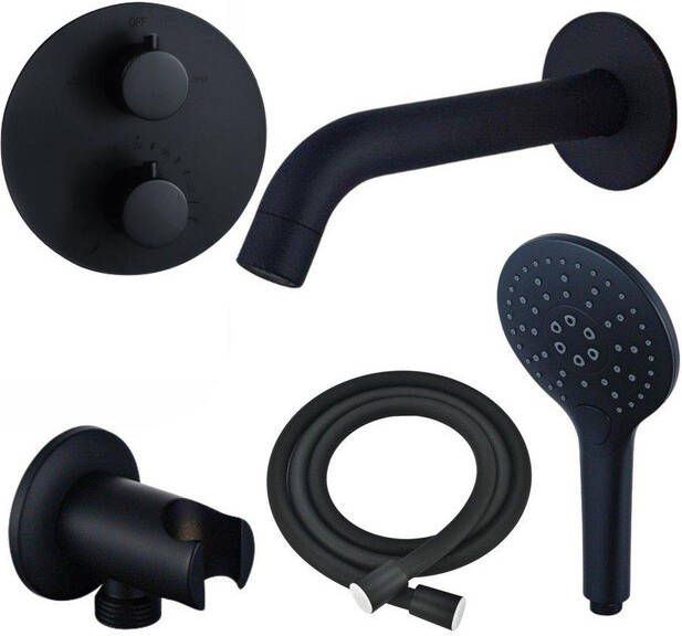 Fortifura Calvi Badkraan set uitloop 22cm inkortbaar rond bedieningspaneel gladde slang ronde handdouche inbouwdeel wandhouder mat zwart SW542644 SW706210 SW721167 SW1122511 SW496816 SW11