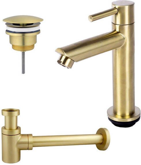 Fortifura Calvi fonteinkraanset met staande fonteinkraan laag always open plug en design sifon Geborsteld Messing PVD (Goud) SW696238 SW696208 SW696218