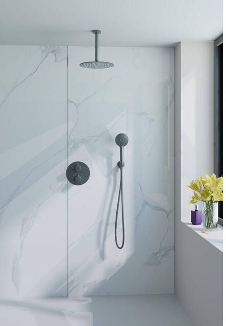 Fortifura Calvi Inbouw Regendoucheset rond thermostatisch plafondarm 25cm hoofddouche ronde handdouche Geborsteld Gunmetal PVD SW706206 SW720555 SW799449 SW720557 SW720569 SW799
