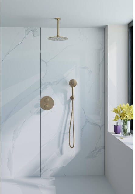 Fortifura Calvi Inbouw Regendoucheset rond thermostatisch plafondarm 25cm hoofddouche ronde handdouche gladde slang Geborsteld Messing PVD (Goud) SW728176 SW720555 SW799449 SW720557 SW720569 SW799