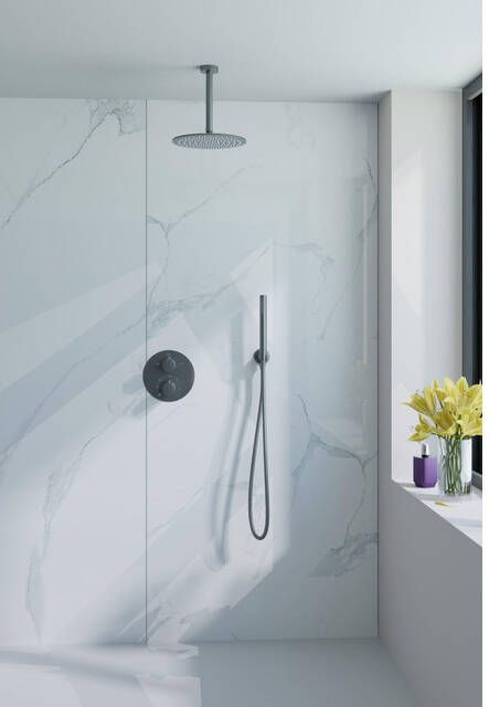 Fortifura Calvi Inbouw Regendoucheset rond thermostatisch plafondarm 25cm hoofddouche staaf handdouche gladde doucheslang Geborsteld Gunmetal PVD SW720556 SW720558 SW721165 SW721170 SW766536 SW721