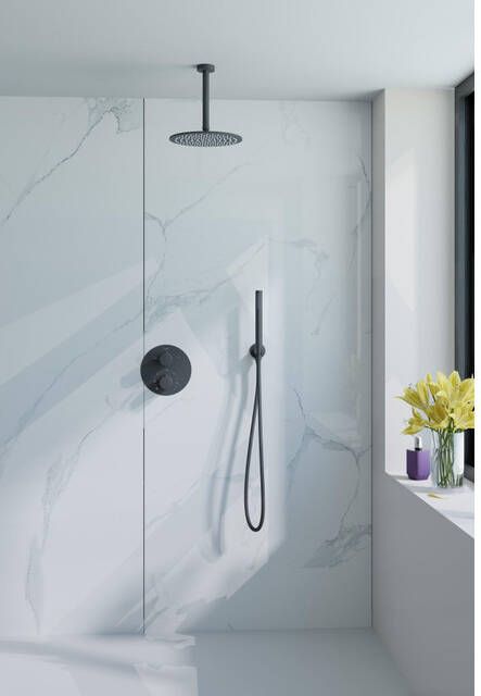 Fortifura Calvi Inbouw Regendoucheset rond thermostatisch plafondarm 25cm hoofddouche staaf handdouche gladde doucheslang zwart mat SW721167 SW377853 SW720553 SW542644 SW706210 SW496