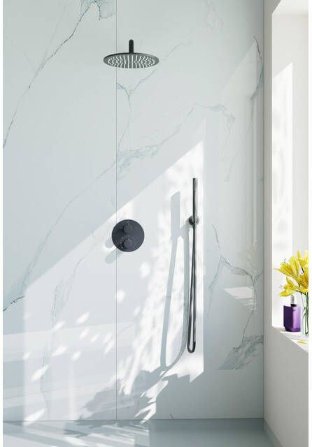 Fortifura Calvi Inbouw Regendoucheset rond thermostatisch wandarm 25cm hoofddouche staaf handdouche gladde doucheslang Geborsteld Gunmetal PVD SW720556 SW720563 SW721165 SW721170 SW766536 SW766
