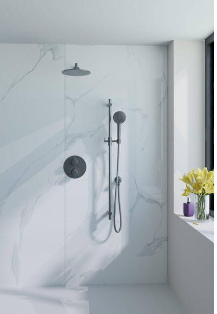 Fortifura Calvi Inbouw Regendoucheset rond thermostatisch wandarm glijstang 25cm hoofddouche handdouche rond gladde doucheslang Geborsteld Gunmetal PVD SW720556 SW720563 SW721165 SW721170 SW766536 SW767