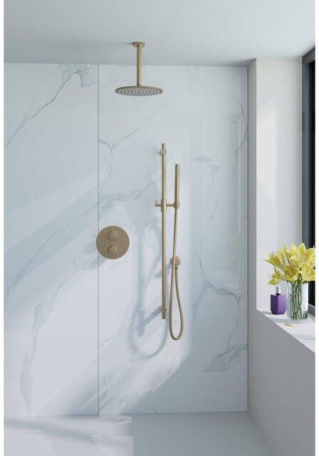 Fortifura Calvi Inbouw Regendoucheset rond thermostatisch wandarm glijstang 25cm hoofddouche staaf handdouche gladde slang Geborsteld Messing PVD (Goud) SW728176 SW720555 SW720562 SW1183046 SW720570 SW72