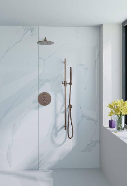 Fortifura Calvi Inbouw Regendoucheset rond thermostatisch wandarm glijstang 25cm hoofddouche staaf handdouche gladde slang Geborsteld koper PVD (Koper) SW799407 SW970041 SW970043 SW1183048 SW970046 SW97