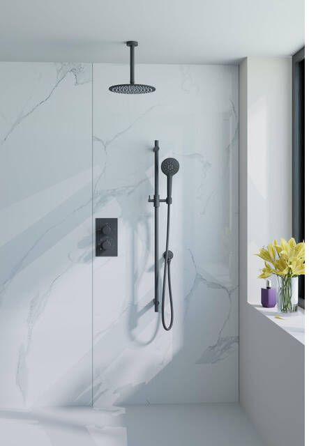 Fortifura Calvi Inbouw Regendoucheset thermostatisch plafondarm glijstang 25cm hoofddouche ronde handdouche gladde doucheslang mat zwart SW377853 SW496816 SW542644 SW706210 SW720553 SW721