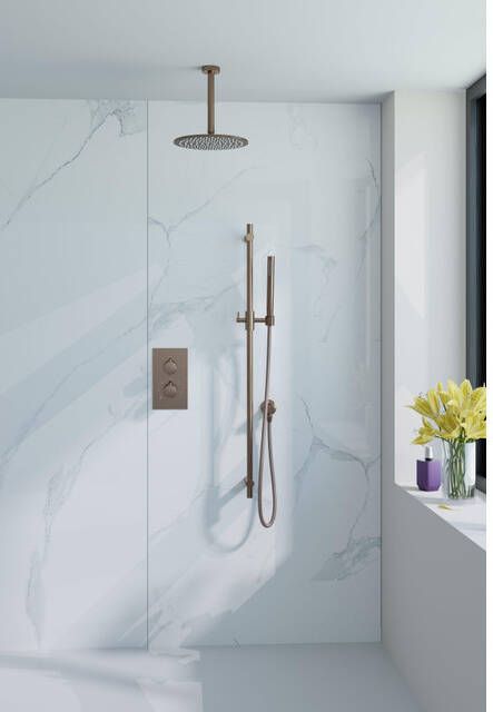 Fortifura Calvi Inbouw Regendoucheset thermostatisch plafondarm glijstang 25cm hoofddouche staaf handdouche metalen doucheslang geborsteld koper PVD (Koper) SW970042 SW970041 SW1159496 SW970048 SW970053 SW11