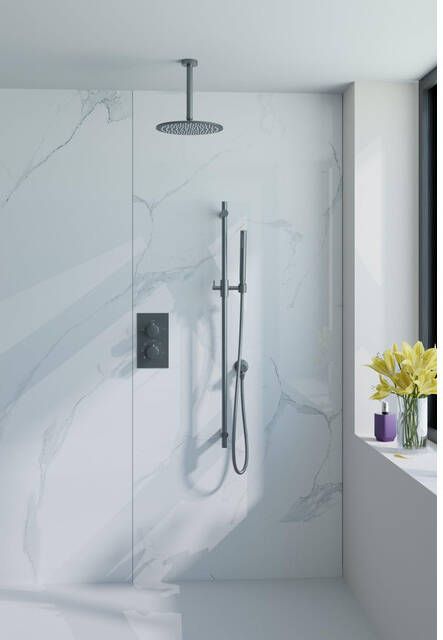 Fortifura Calvi Inbouw Regendoucheset thermostatisch plafondarm glijstang 25cm hoofddouche staaf handdouche metalen doucheslang geborsteld Gunmetal PVD SW720556 SW720558 SW706207 SW1159495 SW766536 SW76