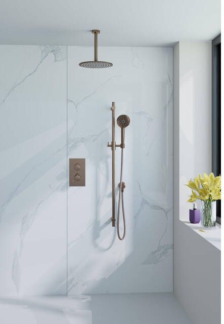 Fortifura Calvi Inbouw Regendoucheset thermostatisch plafondarm glijstang 30cm hoofddouche ronde handdouche metalen doucheslang geborsteld koper PVD (Koper) SW970042 SW1139124 SW1159496 SW970048 SW970053 SW1