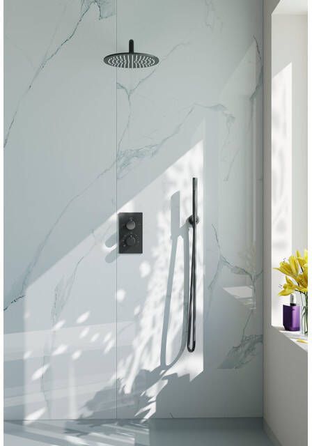 Fortifura Calvi Inbouw Regendoucheset thermostatisch wandarm 25cm hoofddouche staaf handdouche gladde doucheslang geborsteld Gunmetal PVD SW720556 SW720563 SW721165 SW721170 SW766536 SW766