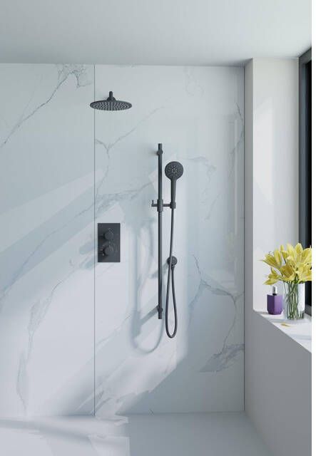 Fortifura Calvi Inbouw Regendoucheset thermostatisch wandarm glijstang 25cm hoofddouche ronde handdouche metalen doucheslang mat zwart SW496816 SW542644 SW706203 SW720553 SW720560 SW721