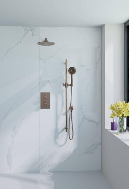Fortifura Calvi Inbouw Regendoucheset thermostatisch wandarm glijstang 30cm hoofddouche ronde handdouche metalen doucheslang geborsteld koper PVD (Koper) SW970043 SW1139124 SW1159496 SW970048 SW970053 SW1