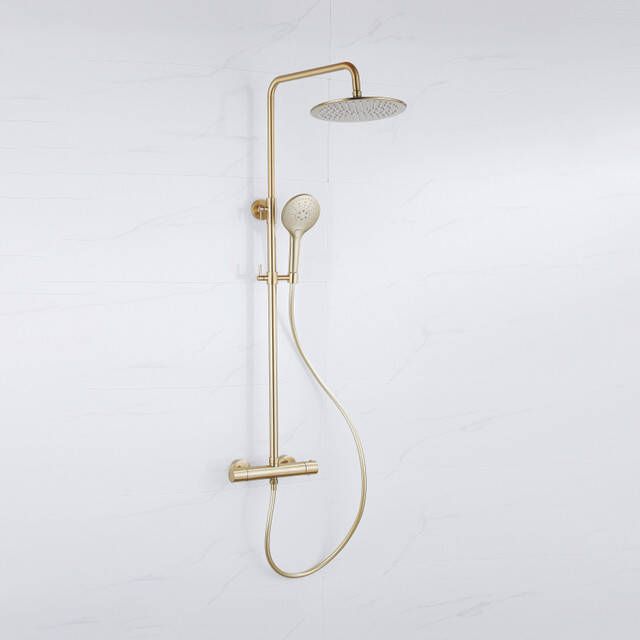 Fortifura Calvi Regendoucheset thermostatisch 25cm hoofddouche gladde slang ronde handdouche Geborsteld Messing PVD (Goud) SW1159501 SW799449 SW728176