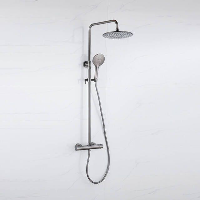 Fortifura Calvi Regendoucheset thermostatisch 25cm hoofddouche gladde slang ronde handdouche Geborsteld Gunmetal PVD SW1159500 SW799451 SW721165