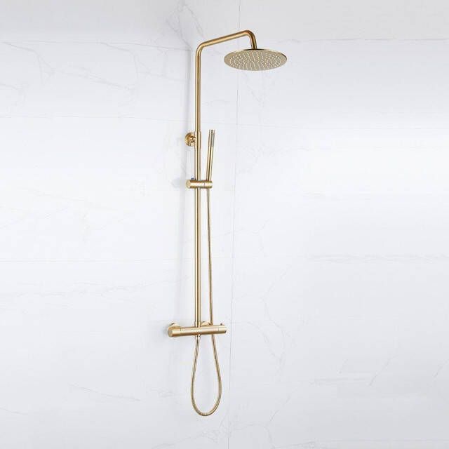 Fortifura Calvi Regendoucheset thermostatisch 25cm hoofddouche gladde slang staaf handdouche Geborsteld Messing PVD (Goud) SW1159501 SW728176