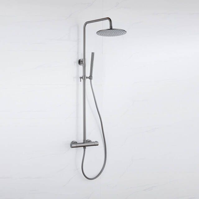 Fortifura Calvi Regendoucheset thermostatisch 25cm hoofddouche gladde slang staaf handdouche Geborsteld Gunmetal PVD SW1159500 SW721165