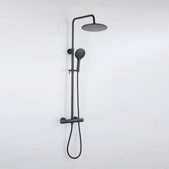 Fortifura Calvi Regendoucheset thermostatisch 25cm hoofddouche metalen slang ronde handdouche mat zwart SW115998 SW496816