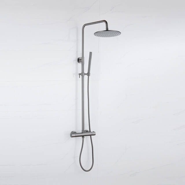 Fortifura Calvi Regendoucheset thermostatisch 25cm hoofddouche metalen slang staaf handdouche Geborsteld Gunmetal PVD SW1159500