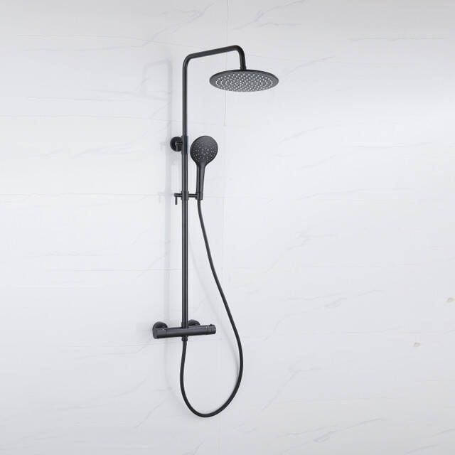 Fortifura Calvi Regendoucheset thermostatisch 30cm hoofddouche gladde slang ronde handdouche mat zwart SW115998 SW1139120SW496816 SW706210
