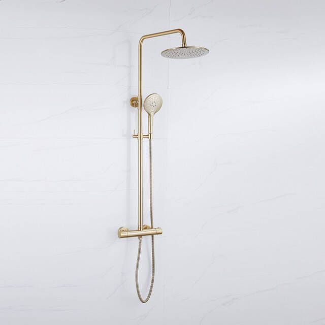 Fortifura Calvi Regendoucheset thermostatisch 30cm hoofddouche metalen slang ronde handdouche Geborsteld Messing PVD (Goud) SW1159501 SW1139122 SW799449 SW728176