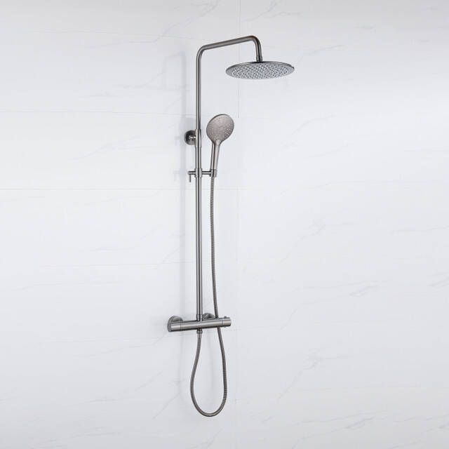 Fortifura Calvi Regendoucheset thermostatisch 30cm hoofddouche metalen slang ronde handdouche Geborsteld Gunmetal PVD SW1159500 SW1139123 SW799451
