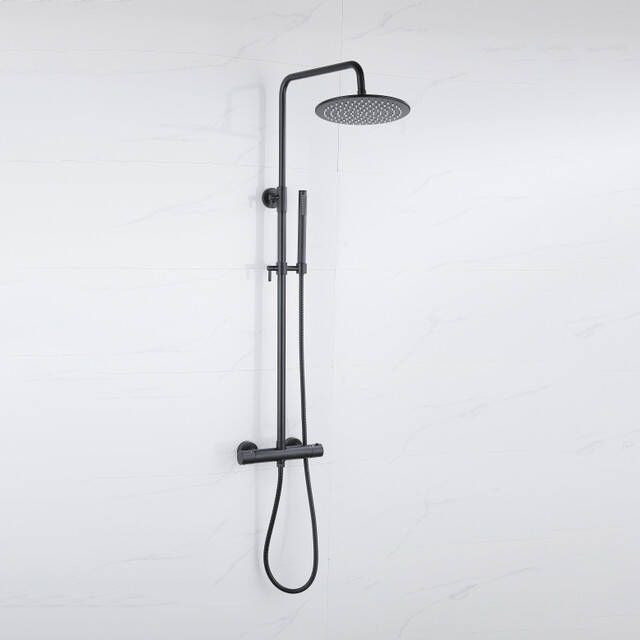Fortifura Calvi Regendoucheset thermostatisch 30cm hoofddouche metalen slang staaf handdouche mat zwart SW115998 SW1139120
