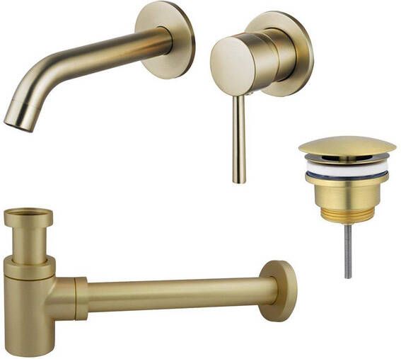 Fortifura Calvi Slim Wastafelkraanset inbouw wastafelkraan always open plug verlaagde design sifon Geborsteld Messing PVD (Goud) SW720228 SW696208 SW696218