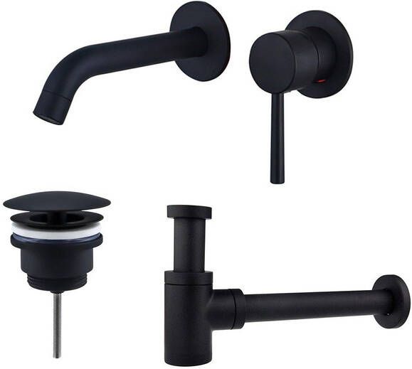 Fortifura Calvi Slim Wastafelkraanset inbouw wastafelkraan inkortbaar always open plug verlaagde design sifon Mat zwart SW377837 SW696205 SW696215