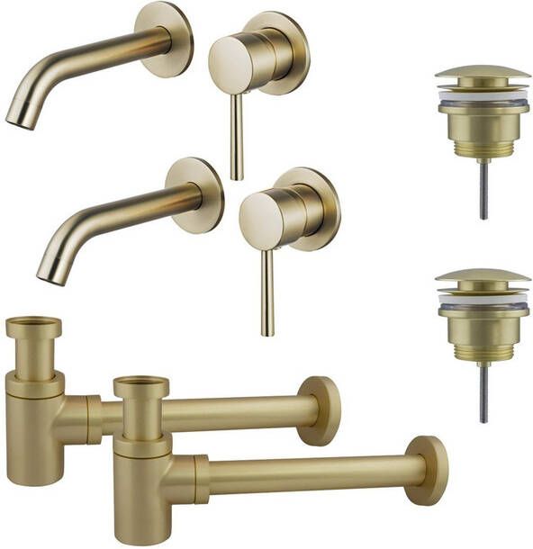 Fortifura Calvi Slim Wastafelkraanset voor dubbele wastafel inbouw wastafelkraan klikwaste plug verlaagde design sifon Geborsteld Messing PVD (Goud) 2x SW720228 2x SW696202 2x SW696218