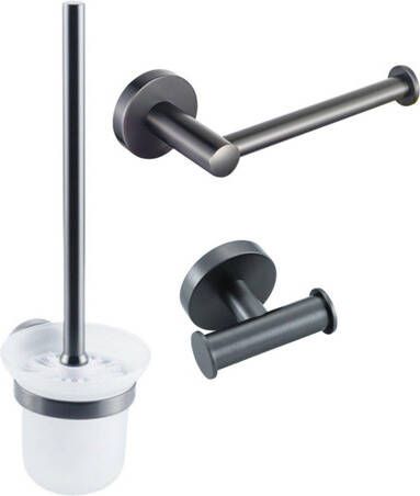 Fortifura Calvi Toiletset 3-delig toiletrolhouder zonder klep toiletborstel handdoekhaak dubbel rond Geborsteld gunmetal PVD SW721173 SW721172 SW1211595