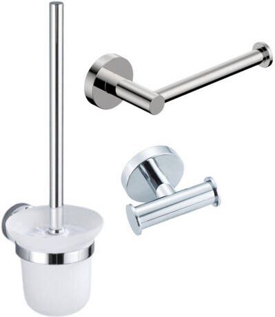 Fortifura Calvi Toiletset 3-delig toiletrolhouder zonder klep toiletborstel handdoekhaak dubbel rond Chroom SW639924 SW639926 SW1211583