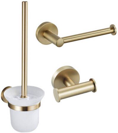 Fortifura Calvi Toiletset 3-delig toiletrolhouder zonder klep toiletborstel handdoekhaak dubbel rond Geborsteld Messing PVD (Goud) SW639940 SW639941 SW1248399